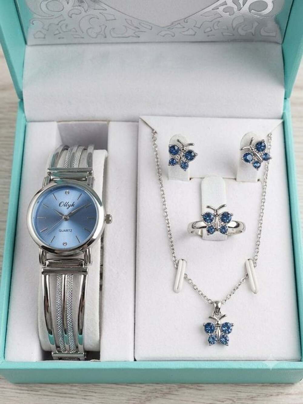 ONYK Silver-Tone Blue Crystal Butterfly Jewelry Set and Watch NIB